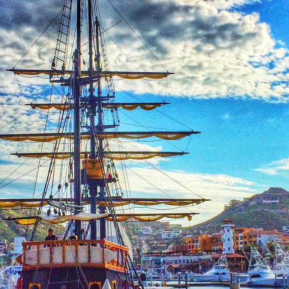 Tall sail ship docked in the marina in Cabo San Lucas